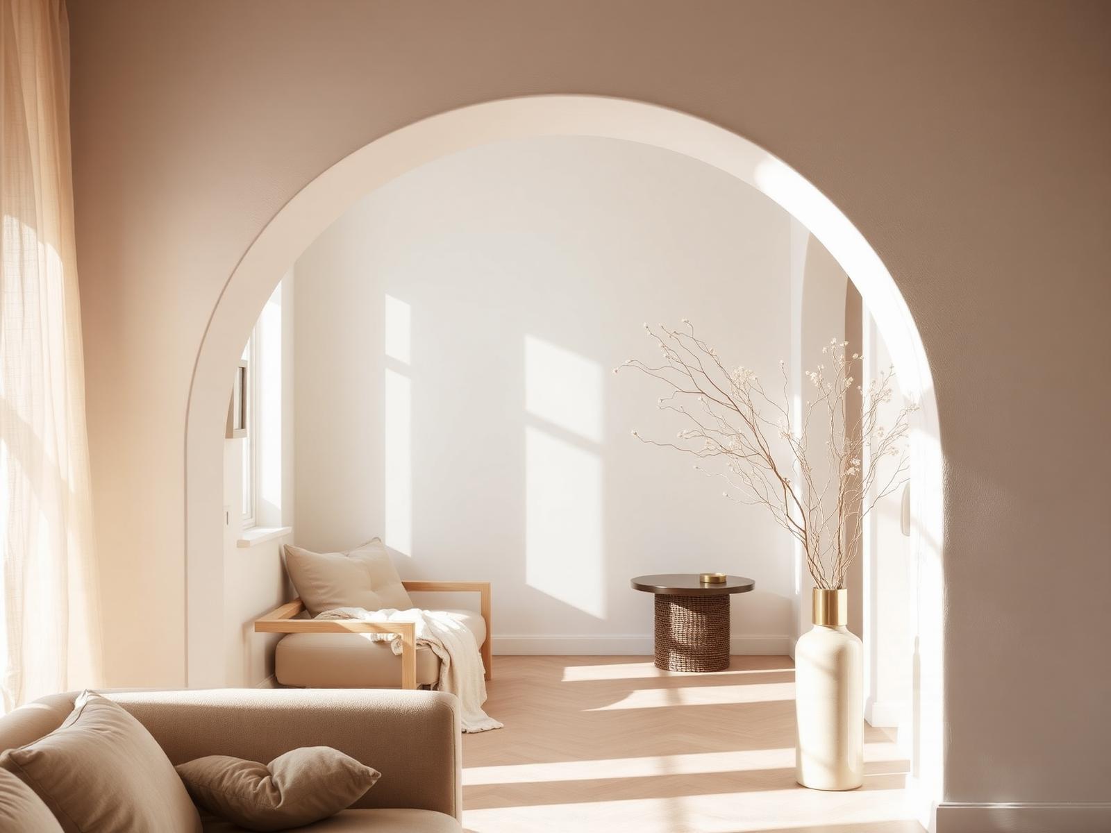 A softly lit interior with an arched doorway
