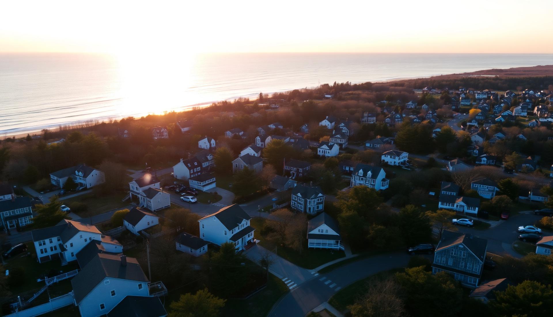 An aerial view of a New England coastal neighborhood at sunset